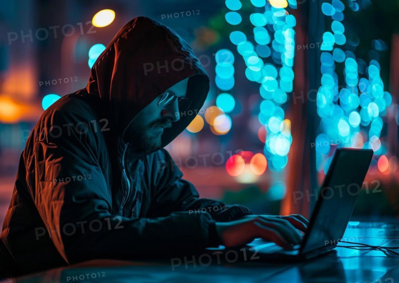 Hacker breaching security of banking corporate network engaging in DOS attacks and planting viruses, AI generated