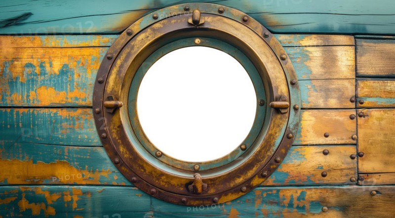 Vintage aged brass ship porthole mounted on a wooden hull with a white background. generative AI, AI generated