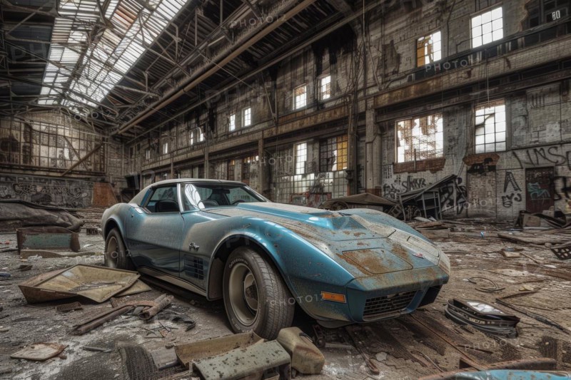 An old, weathered and dusty US-American classic car, wreck, of the type Chevrolet Corvette Stingray from the 70s stands in an old factory hall, symbolic image for restoration, repair, restoration of historical cultural assets, AI generated, AI generated, AI generated