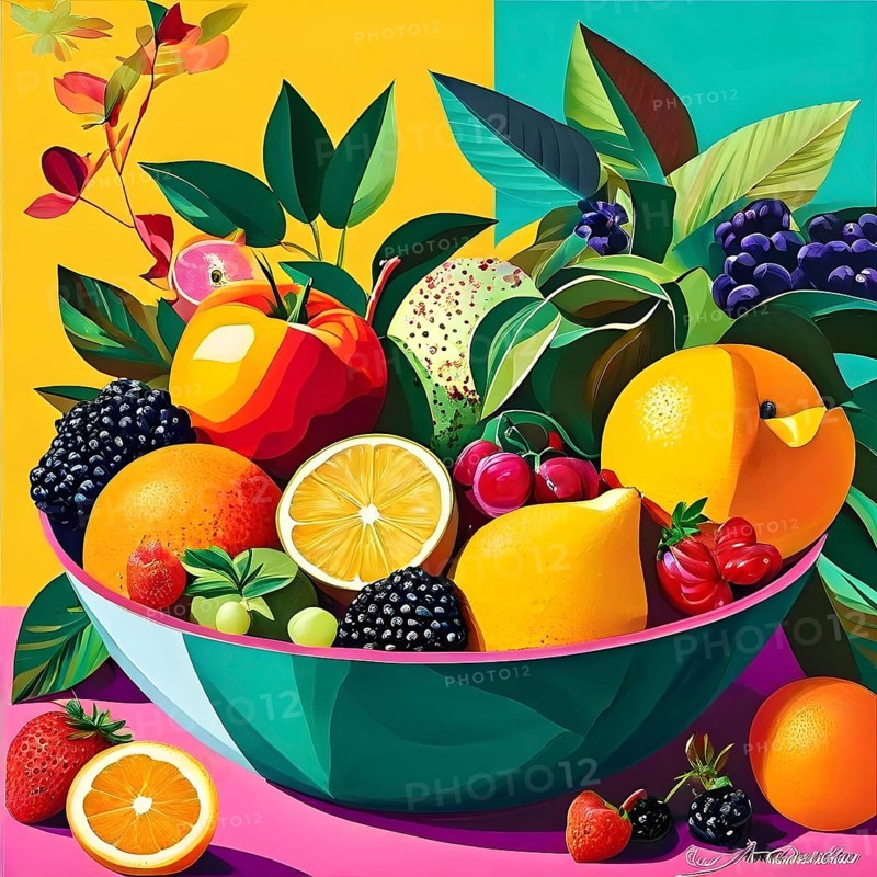 Vibrant illustration of a bowl brimming with a cascade of fresh fruits and vegetables, AI generated