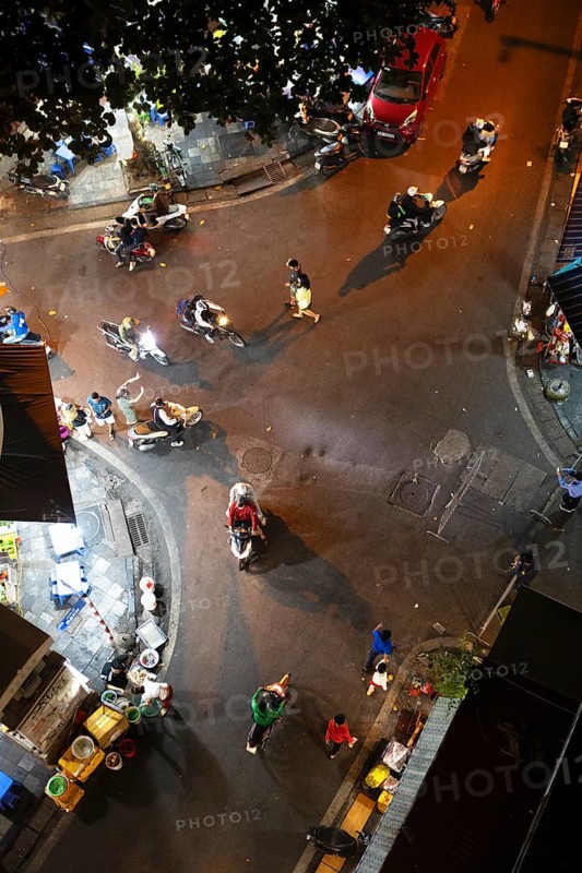 Mopeds in the old town at night, bird's eye view, Hanoi, Vietnam, Asia