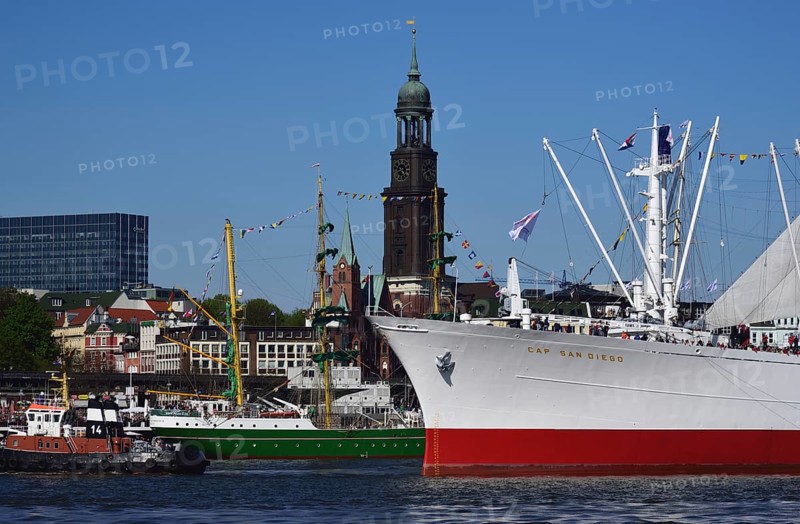 Europe, Germany, Hamburg, harbour, Cap San Diego, museum ship, cargo ship, tower of the Michel, Hamburg, Federal Republic of Germany, Europe