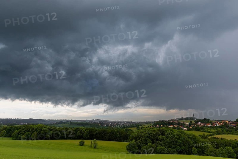 Heavy rain showers and thunderstorms over Possendorf in the Eastern Ore Mountains, Possendorf, Saxony, Germany, Europe