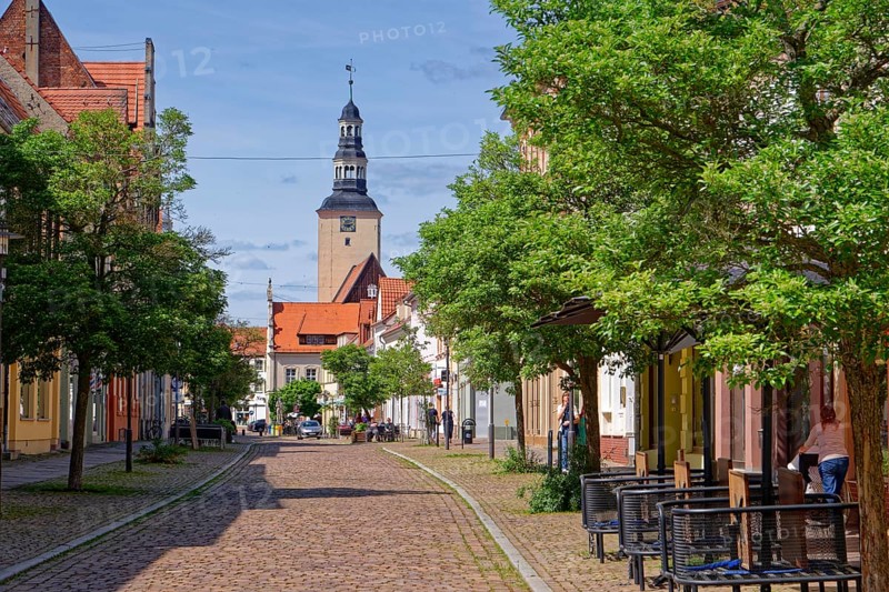Residential and commercial buildings in Ernst-Thälmann-Straße, planted with trees and paved with cobblestones, in the old town centre of Gardelegen in the Altmark region. The town hall in the background. Hanseatic town of Gardelegen, Saxony-Anhalt, Germany, Europe