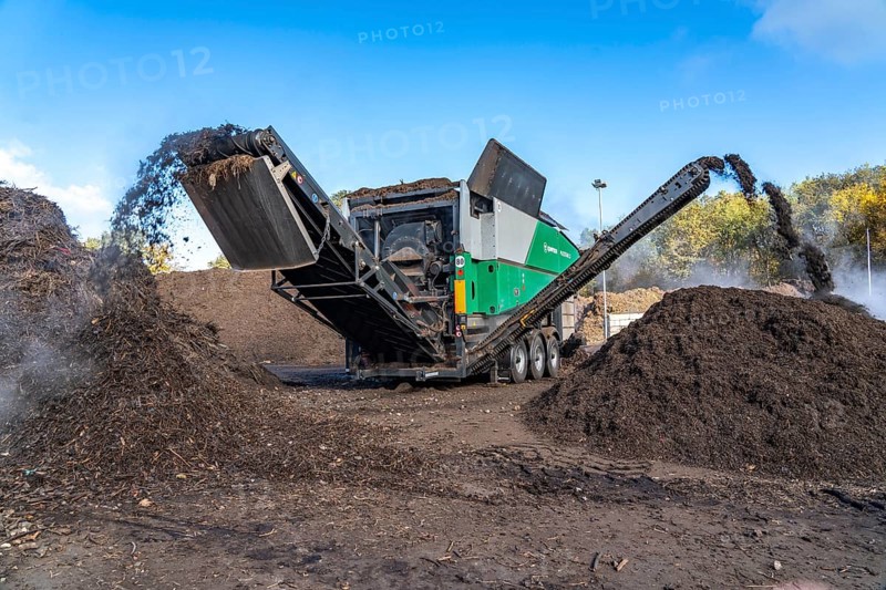 Composting plant, organic waste is composted, sorted by size, smaller parts are reused as compost, coarser parts are burnt in a biomass power plant and converted into electricity, Coesfeld, North Rhine-Westphalia, Germany, Europe