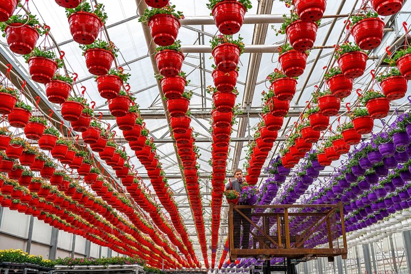 Horticultural business, flower pots, so-called petunia ampel, grow in a greenhouse, under the glass roof, until they have the right growth stage for retail, each pot is watered individually, by drip irrigation, Straelen, North Rhine-Westphalia, Germany, Europe