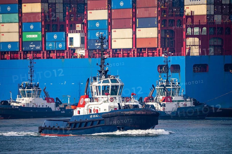 Harbour tug pushes the container freighter Cosco Shipping Leo to its berth at Hutchison Ports ECT Euromax, at the Yangtzekanaal on Maasvlakte 2, Rotterdam, Netherlands