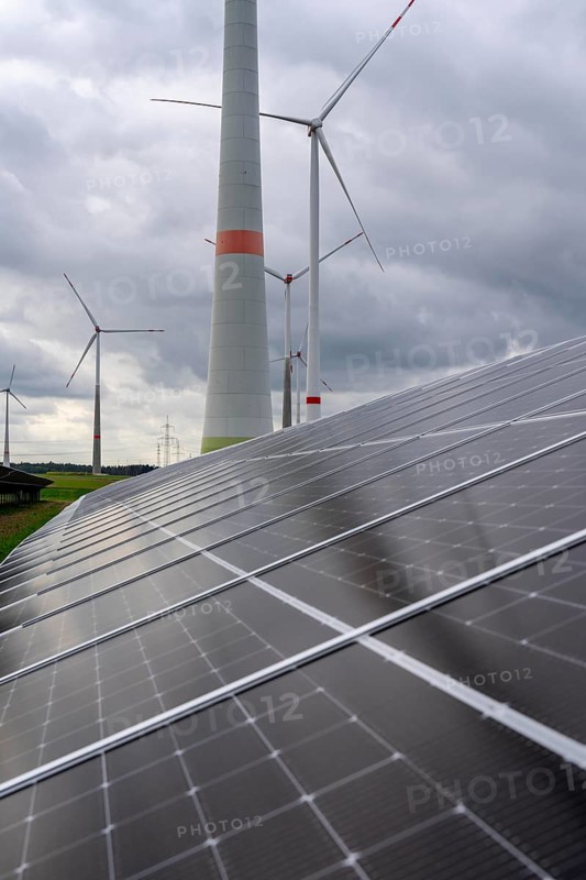 Wind farm and large-scale photovoltaic system, north-east of Bad Wünnenberg, near the village of Elisenhof, on the A44 motorway, North Rhine-Westphalia, Germany, Europe