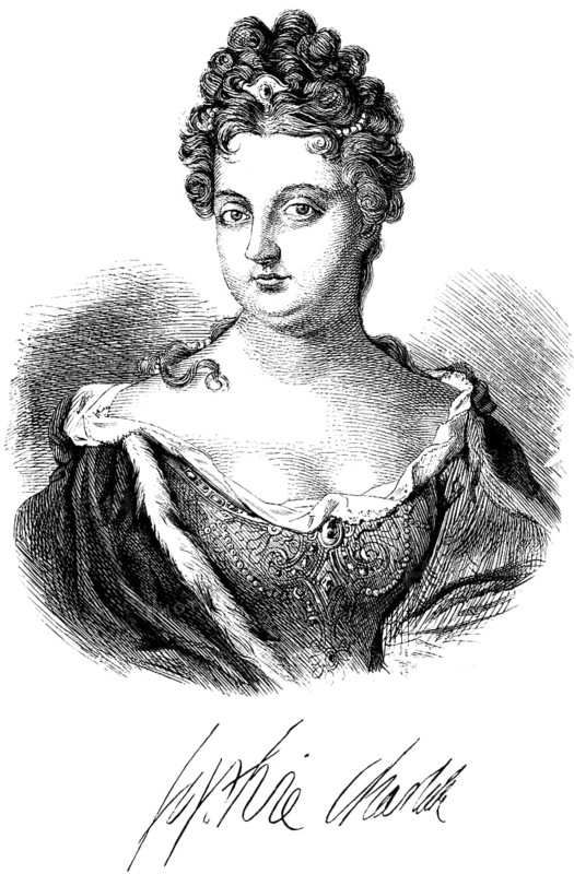 Portrait of Princess Sophie Charlotte, wife of Frederick II, Queen of Prussia and Electress of Brandenburg, festive dress, jewellery, signature, historical illustration 1882
