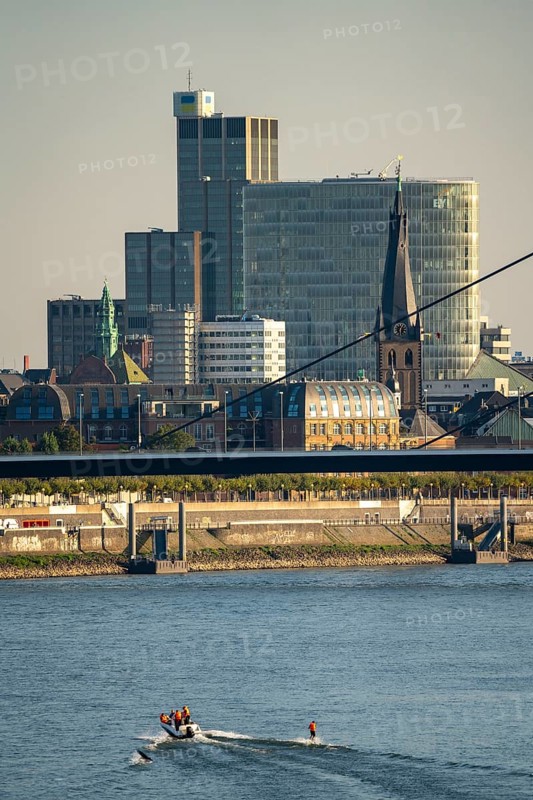 Skyline of Düsseldorf on the Rhine, Oberkassler Bridge, Düsseldorf, North Rhine-Westphalia, Germany, Europe
