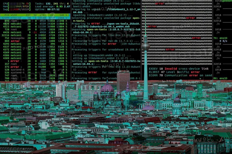 Symbolic image cyberattack, computer crime, cybercrime, computer hackers attack the IT infrastructure of a city, Berlin