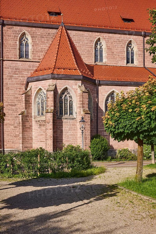 Church of St. Nicholas, façade, windows, roofs of red plain tiles, trees, greenery, sunlight, sidelight, shadow, Am Kirchplatz, Kappelrodeck, Black Forest, Ortenaukreis, Baden-Württemberg, Germany, Europe