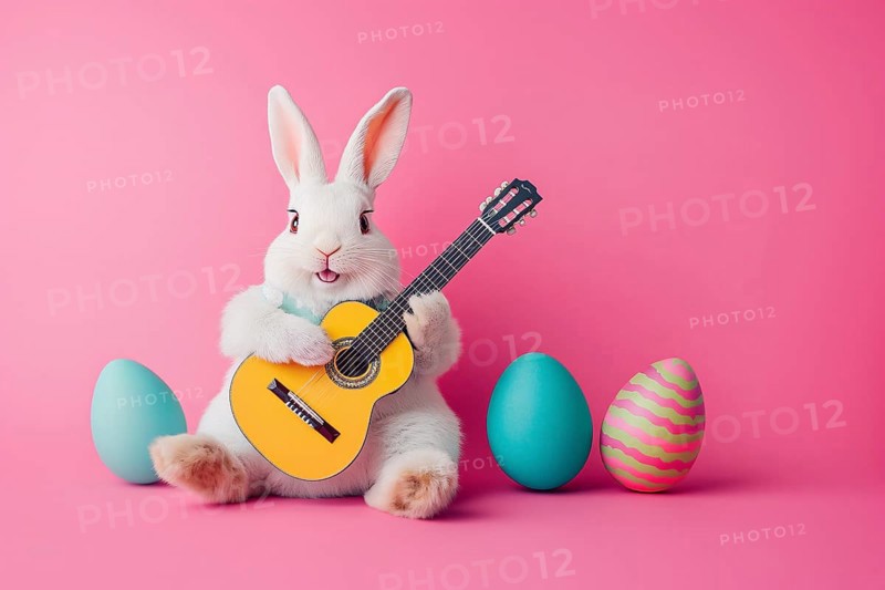 Funny white easter bunny playing a guitar surrounded by easter eggs on pink studio background. Generative AI, AI generated
