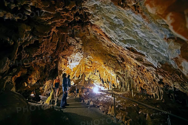 Cave with illuminated stalactites and stalagmites, stalactite cave, Diros Cave, Glyfada Cave, Vlychada Cave, Mani, Laconia, Peloponnese, Greece, Europe