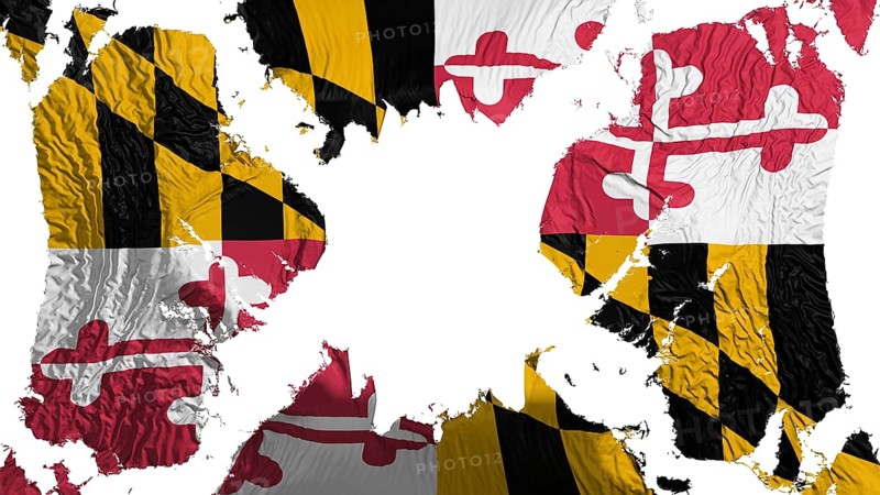 Maryland state torn flag fluttering in the wind, over white background, 3d rendering
