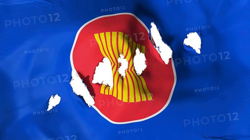 Association of South East Asian Nations flag perforated, bullet holes, white background, 3d rendering