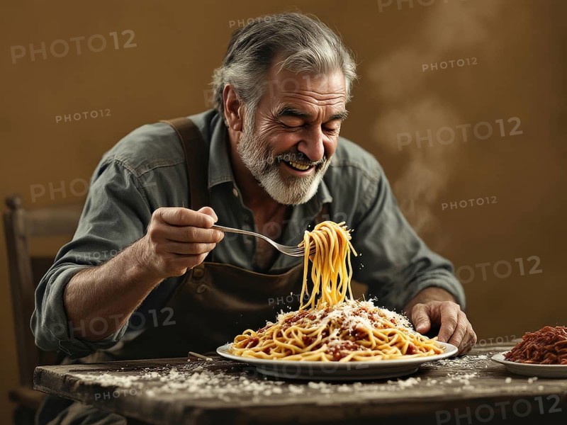 Sample.jpeg, A smiling man gleefully sprinkles cheese over his spaghetti in a warmly lit room, ai generated