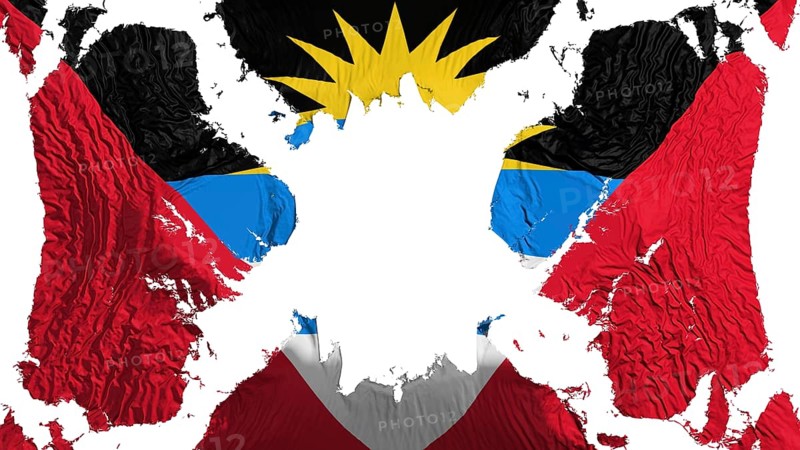 Antigua and Barbuda torn flag fluttering in the wind, over white background, 3d rendering