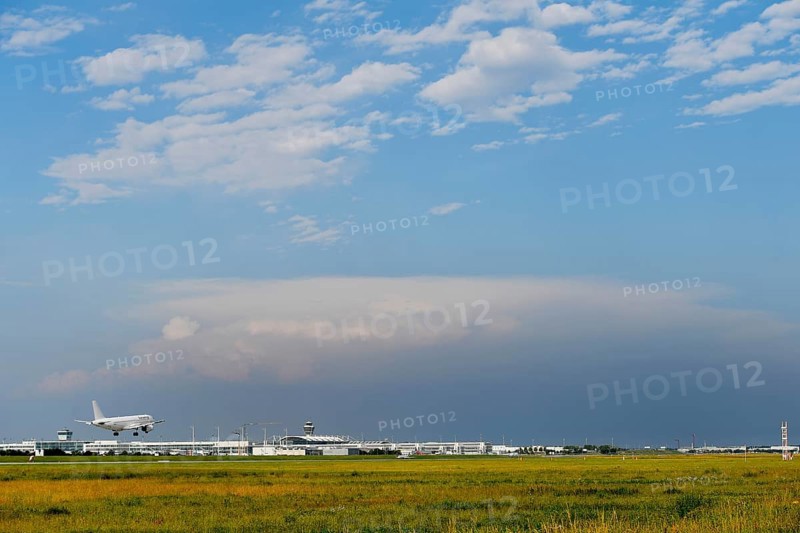Overview Munich Airport with Runway South with thundercloud, storm cloud, rain cloud, storm, Munich Airport, Upper Bavaria, Bavaria, Germany, Europe