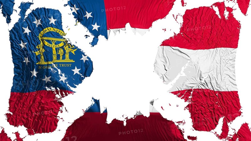 Georgia state torn flag fluttering in the wind, over white background, 3d rendering