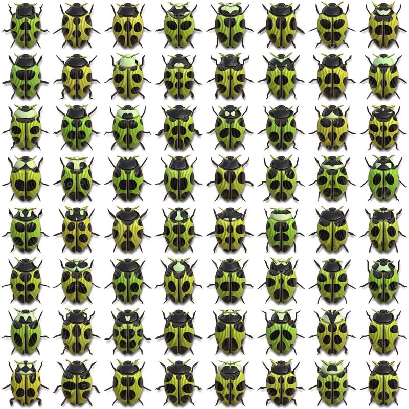 An illustration of 64 different little bugs