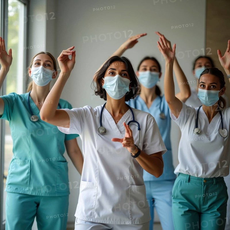 A group of nurses in masks and scrubs dancing joyfully in a healthcare room, ai generated