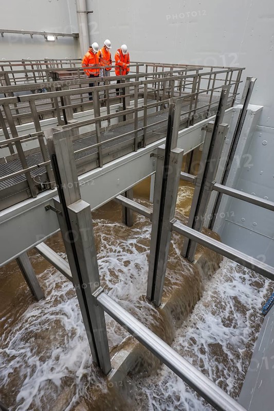 Oberhausen, Ruhr area, North Rhine-Westphalia, Germany - Emscher conversion, new Emscher AKE sewer, here the inlet area of the Oberhausen pumping station, test run, the pumping station is flooded on a trial basis, here in this area the pumps suck off the incoming water, in future the pumps will pump 16, 000 litres of wastewater per minute, the ecological conversion of the Emscher system consists of the construction of a central wastewater treatment system in the Ruhr area, the construction of sewers and the renaturation of the Emscher and its tributaries