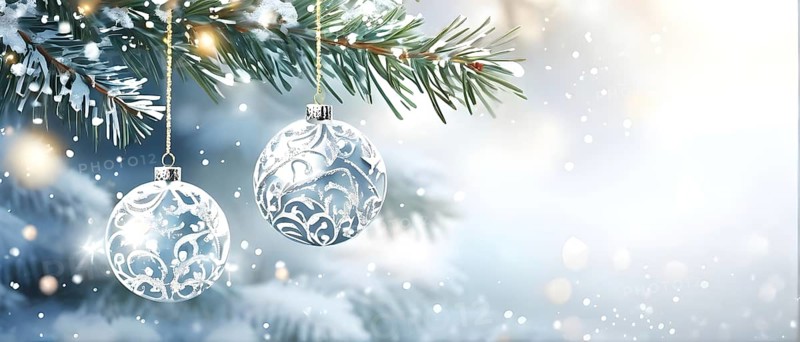 Abstract illustration of a set of ornate Christmas ornaments hanging on a snow-covered pine tree branch, AI generated