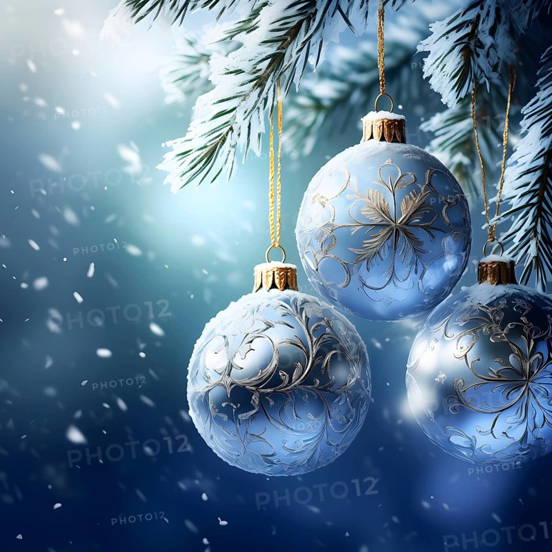 Abstract illustration of a set of ornate Christmas ornaments hanging on a snow-covered pine tree branch, AI generated