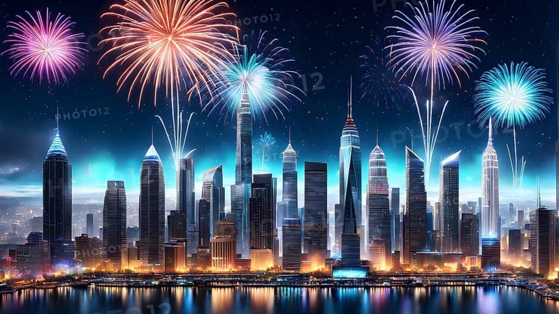 Wallpaper illustration of a cityscape on New Year's Eve, with glowing skyscrapers and floating holographic fireworks, blending a sense of festive atmosphere, AI generated