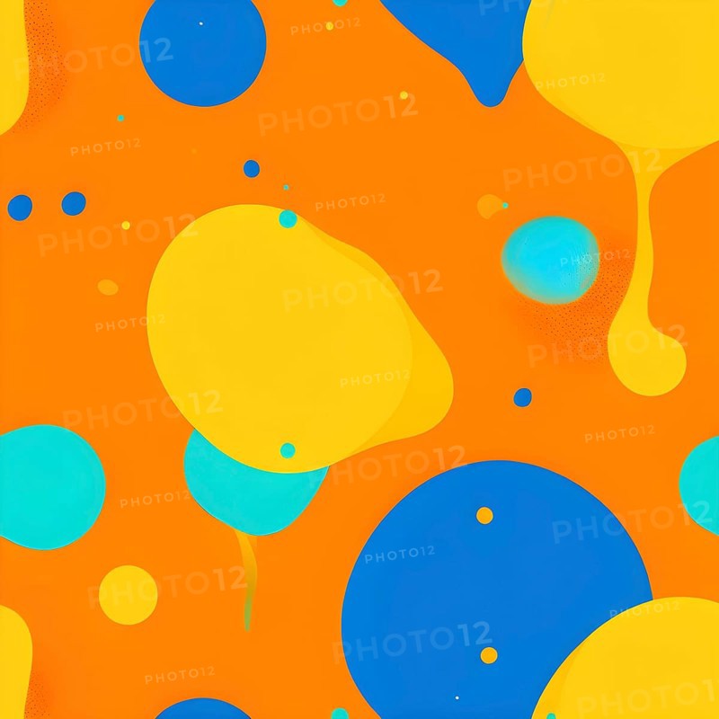 Abstract wallpaper with colorful turquoise and yellow blobs and liquid shapes on a orange background, AI generated