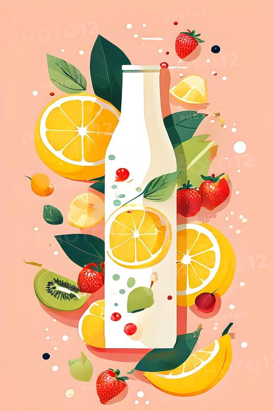 Abstract wallpaper of smoothie surrounded by an assortment of fruits and vegetables, AI generated