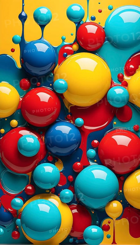 Abstract image with vibrant blue and red blobs and liquid shapes on a yellow background, AI generated