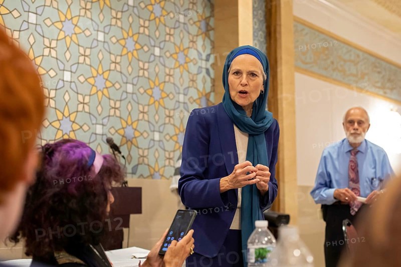 Dearborn, Michigan USA, 13 September 2024, The National Arab American convention, sponsored by the American-Arab Anti-Discriminaton Committee. What Arab-Americans should do about the 2024 election in light of Israel's war in Gaza was a major convention topic. Green Party presidential candidate Dr. Jill Stein, who opposes U.S. military aid for Israel, spoke at the convention and (shown here) at the Islamic Center of America
