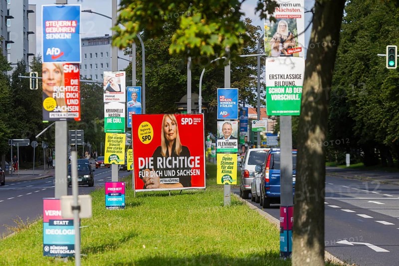 The hot phase of the state election campaign in Saxony can be seen in the amount of different messages on trees and lanterns, State election campaign in Saxony, Dresden, Saxony, Germany, Europe