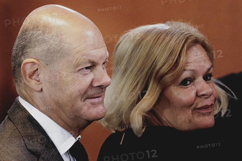 (L-R) Olaf Scholz (SPD), Federal Chancellor, and Nancy Faeser (SPD), Federal Minister of the Interior and Home Affairs, pictured during the weekly cabinet meeting in Berlin, 21/08/2024
