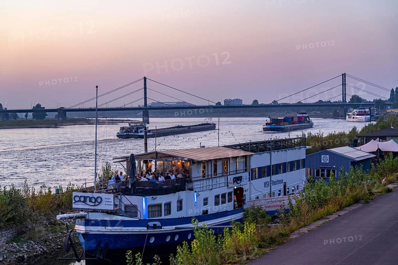 Restaurantschife at the Rhine harbour on Robert-Lehr-Ufer, in Düsseldorf, in the background the Theodor-Heuss-Bridge, North Rhine-Westphalia, Germany, Europe