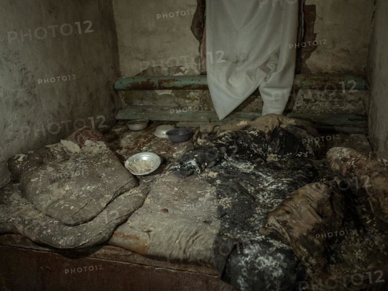 Cell in the basement of the police station. After the occupation of the city by the Russian army, over 200 people were imprisoned, interrogated and tortured here in freezing temperatures, Isjum, Kharkiv, Ukraine, Europe