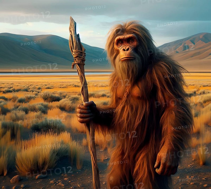 Prehistory, Prehistory, Portrait of an Australopithecus in the prehistoric African steppe, AI generated, AI generated