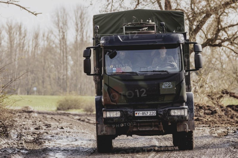 Military Police lorry (Feldjaeger), photographed as part of the military exercise 'Wettiner Schwert' with German and Czech soldiers near Tangermünde, 26 March 2024. 'Wettiner Schwert' is part of the NATO Quadriga exercise