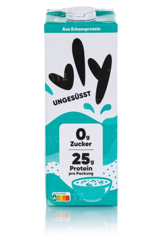 Vly variety of unsweetened vegan pea milk milk substitute cut out against a white background