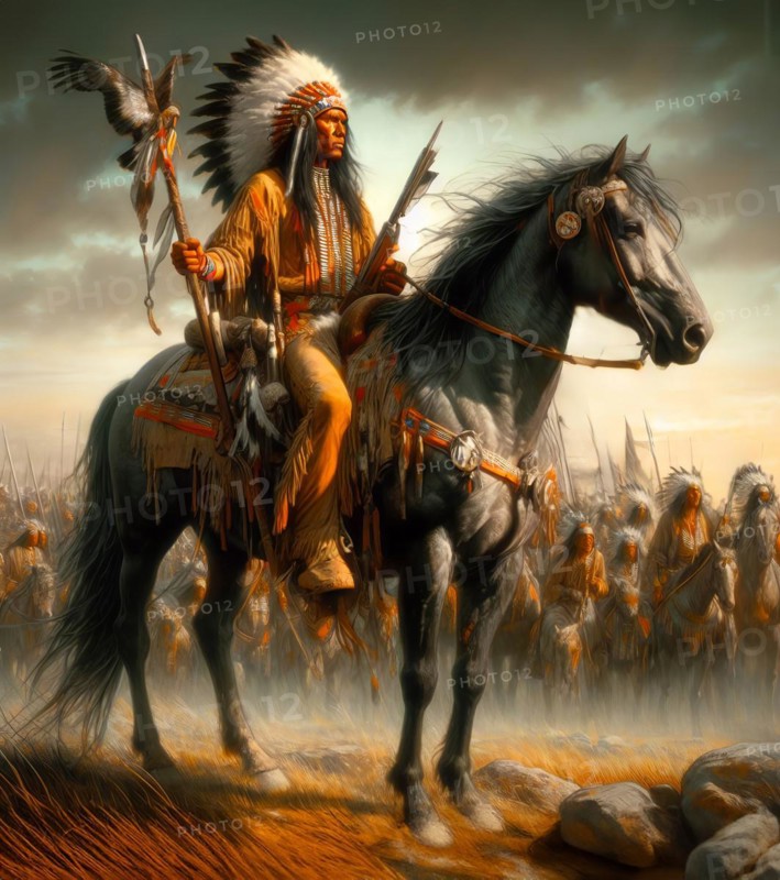 A warrior of the Indians, the American Natives, the Native Americans, with a spring train on a horse, AI generated, AI generated