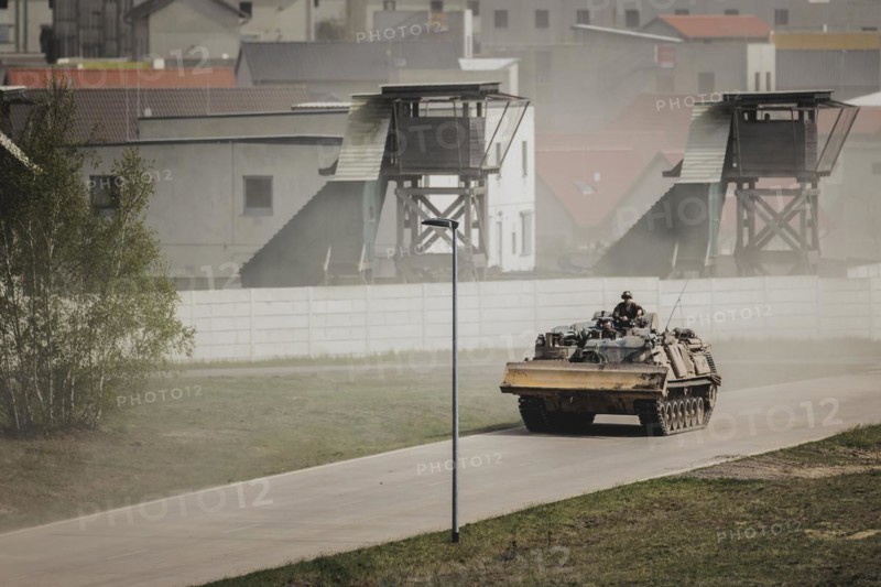 Dachs armoured engineer vehicle, photographed as part of a Bundeswehr exercise with armed forces from Norway and the Czech Republic during the 'Wettiner Schwert' exercise as part of Quadriga 2024 in the training town of Schnöggersburg, 8 April 2024