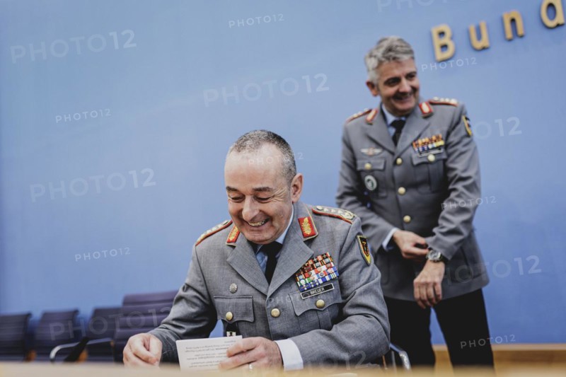 (L-R) General Carsten Breuer, Inspector General of the Bundeswehr, and Lieutenant General Alexander Sollfrank, Commander of the Joint Support and Enabling Command (JSEC), at a federal press conference on the military exercise 'Quadriga' in Berlin, 22 April 2024