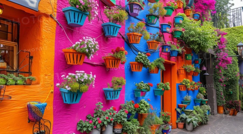 Typical architecture of Mexican colonial colorful houses in historic city center, AI generated