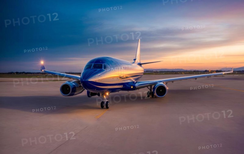 Plane takeoff at the airport at sunset with passengers and tourists going on vacation, AI generated