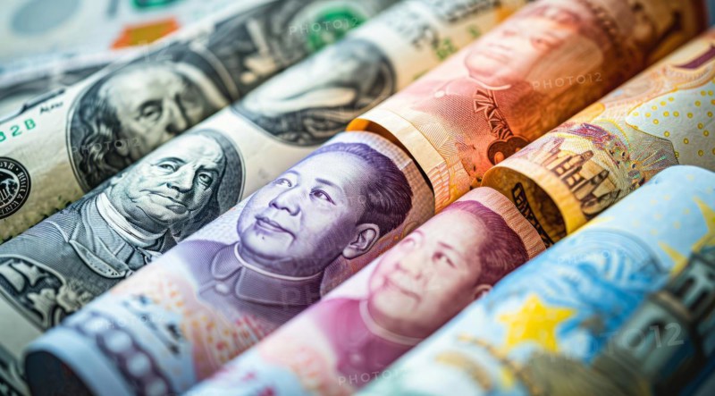 Money rolls, currencies from different countries. Yuan and dollar banknotes, investment and economy, AI generated
