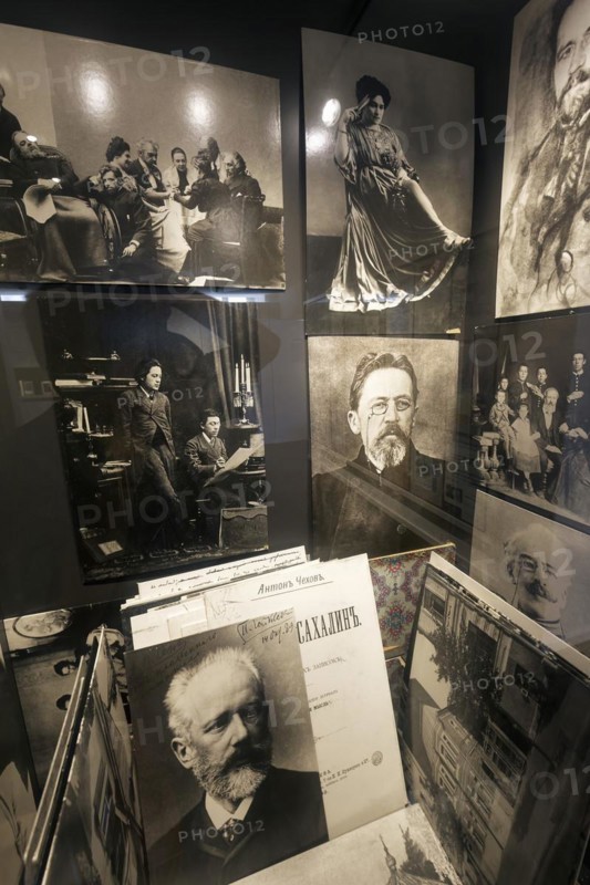 Showcase with photos of Russian artists around 1900, Anton Chekhov, Peter Tchaikovsky, Konstantin Stanislavsky, Literary Museum Badenweiler, Chekhov Salon, Badenweiler, Black Forest, Markgräflerland, Baden-Württemberg, Germany, Europe