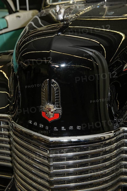 Bonnet with old historic logo underneath radiator grille of vintage classic car historic Cadillac, Techno-Classica trade fair, Essen, North Rhine-Westphalia, Germany, Europe
