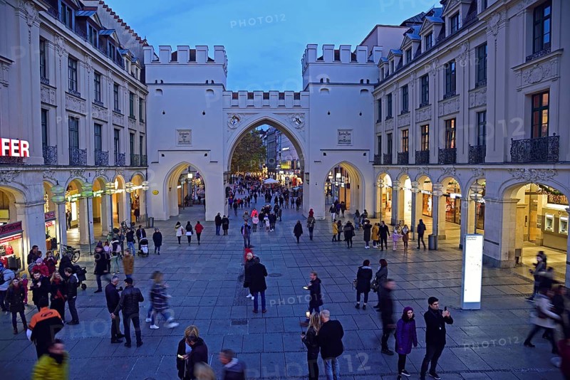 Europe, Germany, Bavaria, Munich, City, Stachus, Karlstor, view into Neuhauser Straße, shopping mile, evening, many passers-by, Europe